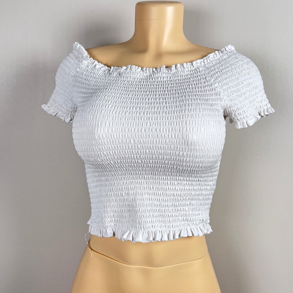 Y2K Smocked Crop Top Womens Medium Off Shoulder Ruffle White Coquette Boho‎